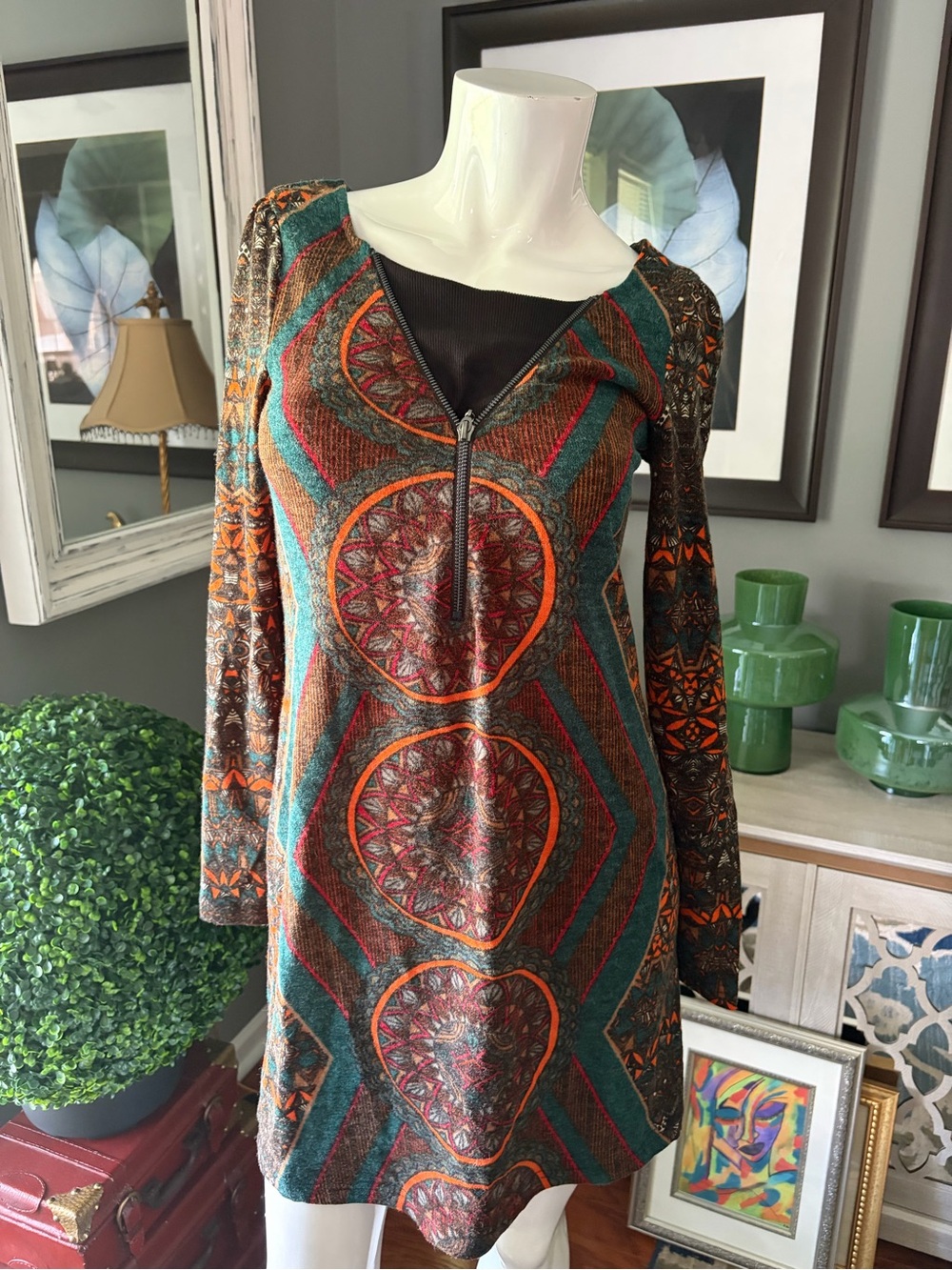 Bohemian Long Sleeve Dress in Teal & Rust — Zip Front